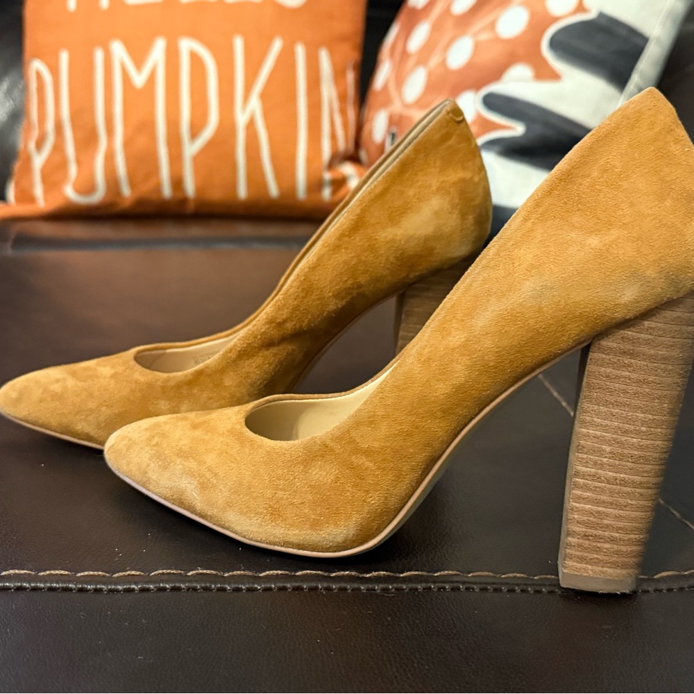 BCBGeneration Camel Suede Block Heel Pumps